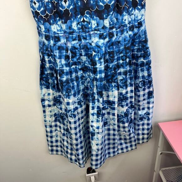 Talbots Blue Floral Ombre Gingham Plaid Printed Fit and Flare Pleated Dress 8 - Picture 4 of 8